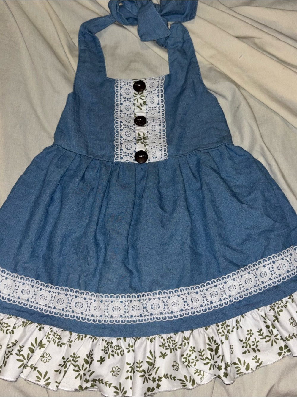 Blue Halter Dress with Floral Ruffle